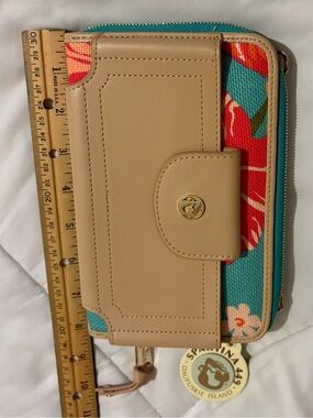 Spartina 449 Teal & Red Floral Canvas with Tan Leather Wallet crossover bags